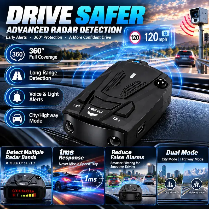 ๐V7 Multi-Band Radar Alert Detector โ Voice & LED Alerts with City/Highway Modes
