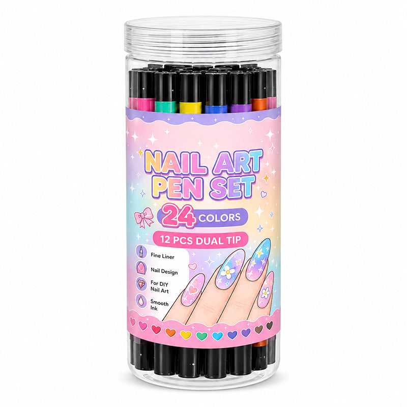 💅 24-Color Dual-Ended Nail Art Pen Set – Fine Liner & Brush Tips for DIY Nail Designs