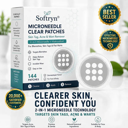 ✨Softryn®2-in-1 Microneedle & Hydrocolloid Patch🍀| Removes Raised Moles, Acne, Flat Warts & Skin Tags | Helps Improve Wrinkles, Scars & Blemishes | Invisible Patches for Face & Body