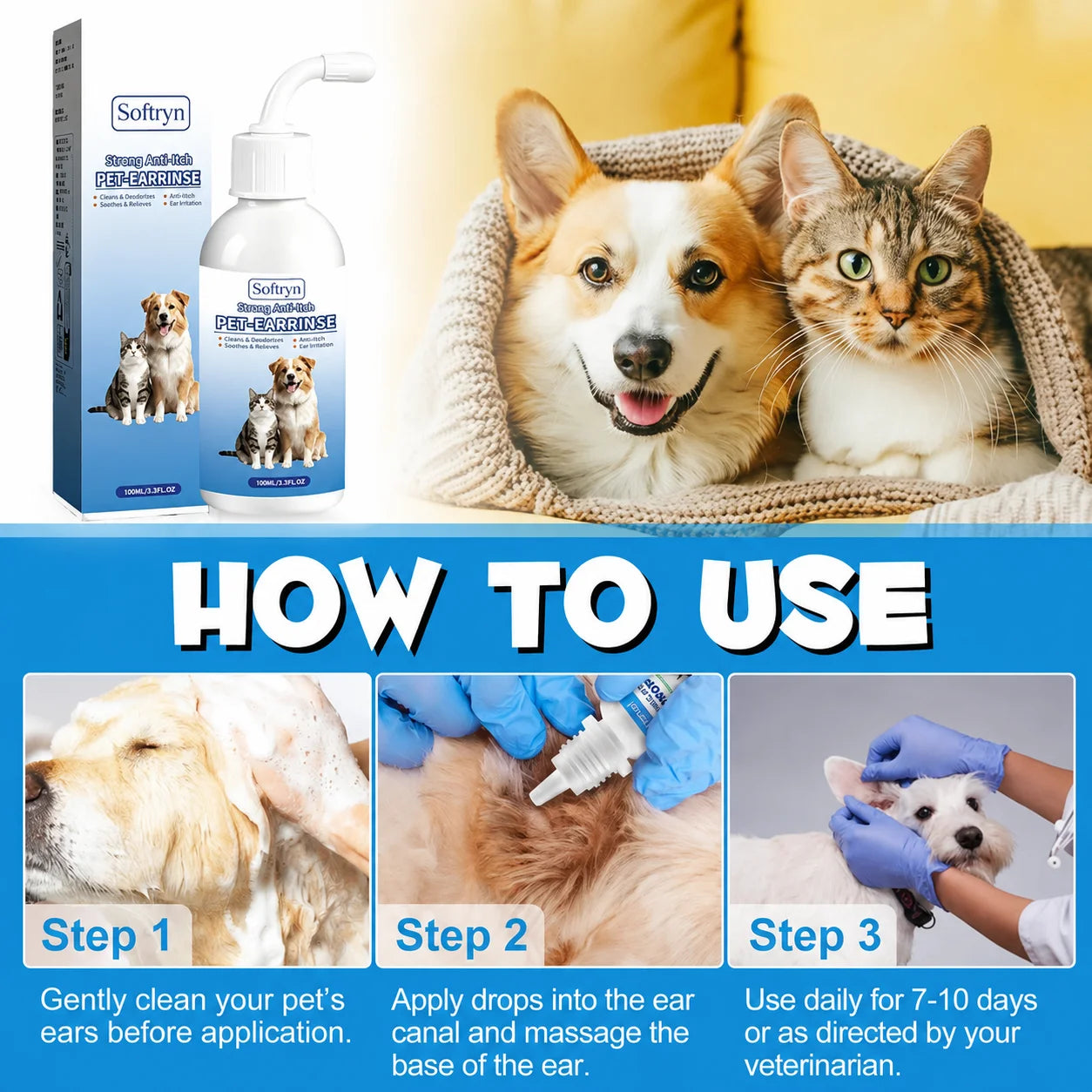 Gentle Pet Ear Wash | Odor-Free Cleaning for Dogs & Cats🌿