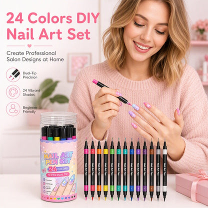 💅 24-Color Dual-Ended Nail Art Pen Set – Fine Liner & Brush Tips for DIY Nail Designs