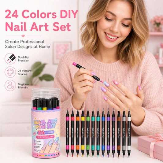💅 24-Color Dual-Ended Nail Art Pen Set – Fine Liner & Brush Tips for DIY Nail Designs