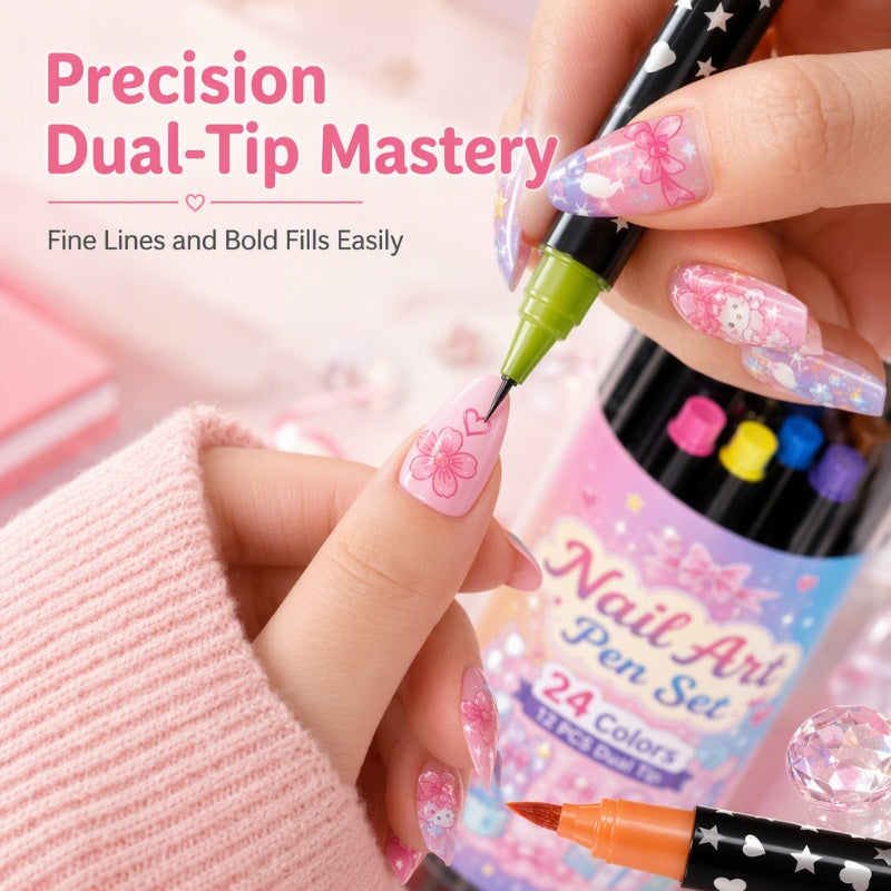 💅 24-Color Dual-Ended Nail Art Pen Set – Fine Liner & Brush Tips for DIY Nail Designs