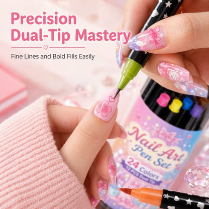 💅 24-Color Dual-Ended Nail Art Pen Set – Fine Liner & Brush Tips for DIY Nail Designs