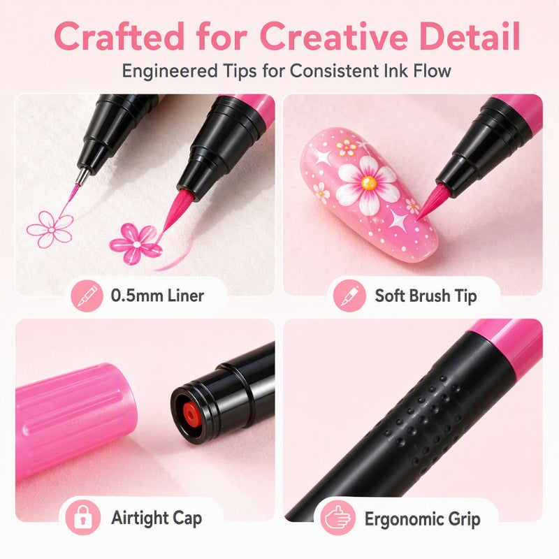 💅 24-Color Dual-Ended Nail Art Pen Set – Fine Liner & Brush Tips for DIY Nail Designs