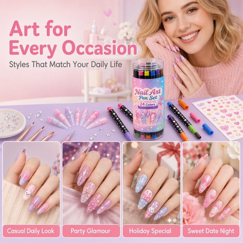 💅 24-Color Dual-Ended Nail Art Pen Set – Fine Liner & Brush Tips for DIY Nail Designs