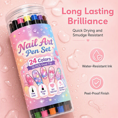 💅 24-Color Dual-Ended Nail Art Pen Set – Fine Liner & Brush Tips for DIY Nail Designs