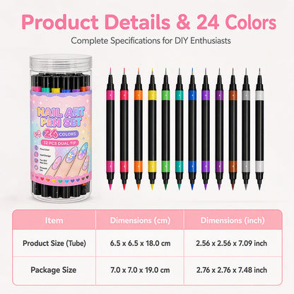 💅 24-Color Dual-Ended Nail Art Pen Set – Fine Liner & Brush Tips for DIY Nail Designs