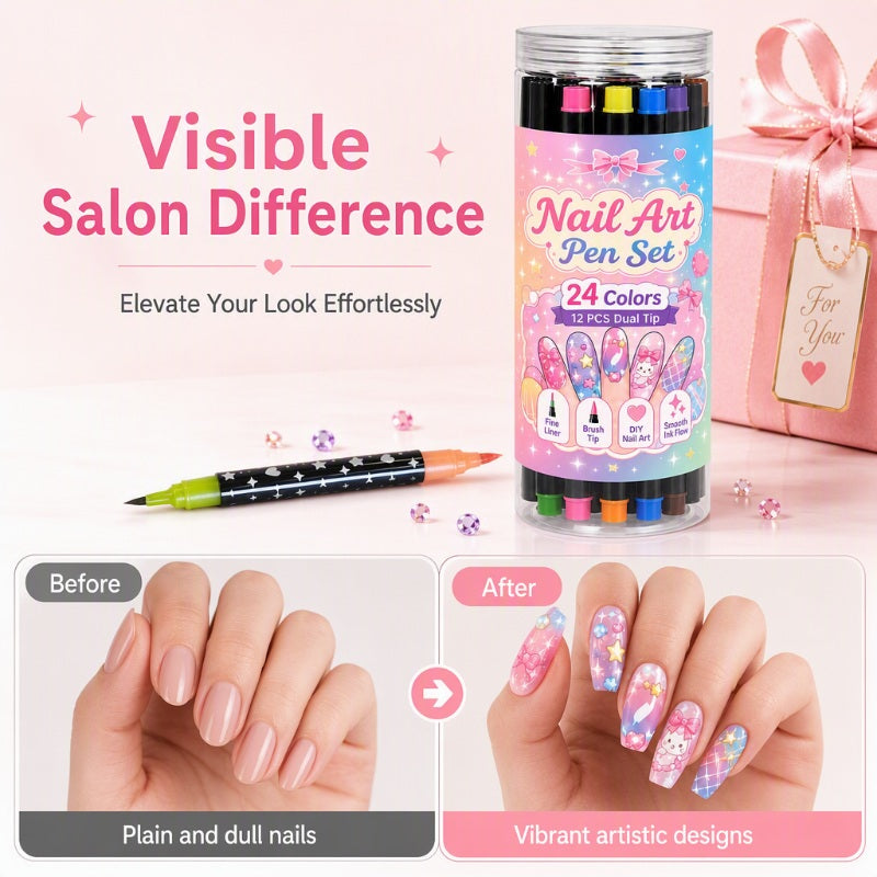 💅 24-Color Dual-Ended Nail Art Pen Set – Fine Liner & Brush Tips for DIY Nail Designs