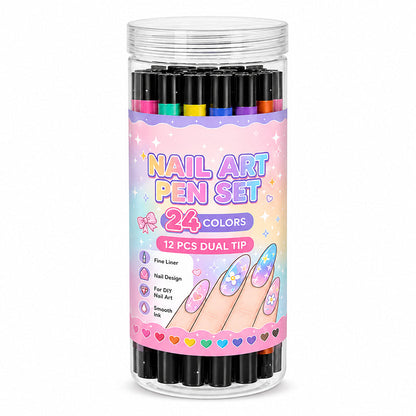💅 24-Color Dual-Ended Nail Art Pen Set – Fine Liner & Brush Tips for DIY Nail Designs